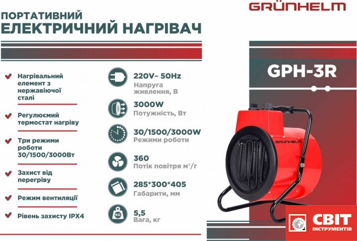 Обігрівач електричний Grunhelm GPH-3R GPH-3R фото