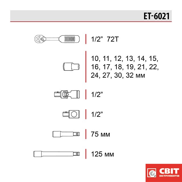 Набір інструментів професійний INTERTOOL ET-6021 1/2" 21од. ET-6021 фото